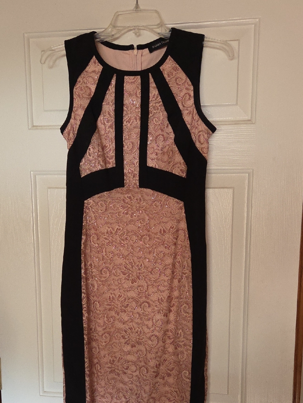 Ivanka Trump Blush Lace Midi Dress with Black Paneling